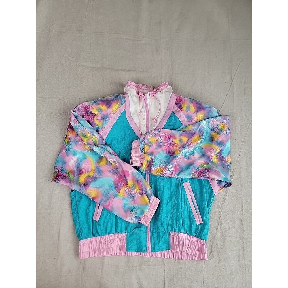 RE Sport Windbreaker Womens M Pink Blue Unicorn Full Zip Lightweight Pockets 90s